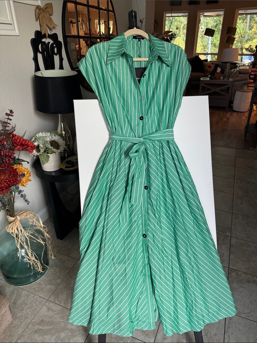 Beulahstyle Green Striped Shirtdress with Belt